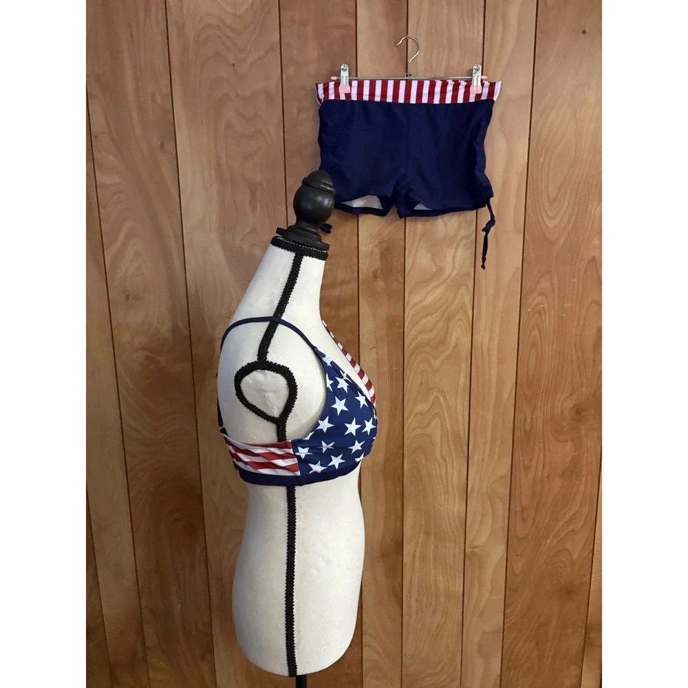 American Flag Bikini Set Stars Stripes Patriotic Two Piece Swimsuit Shorts Large
